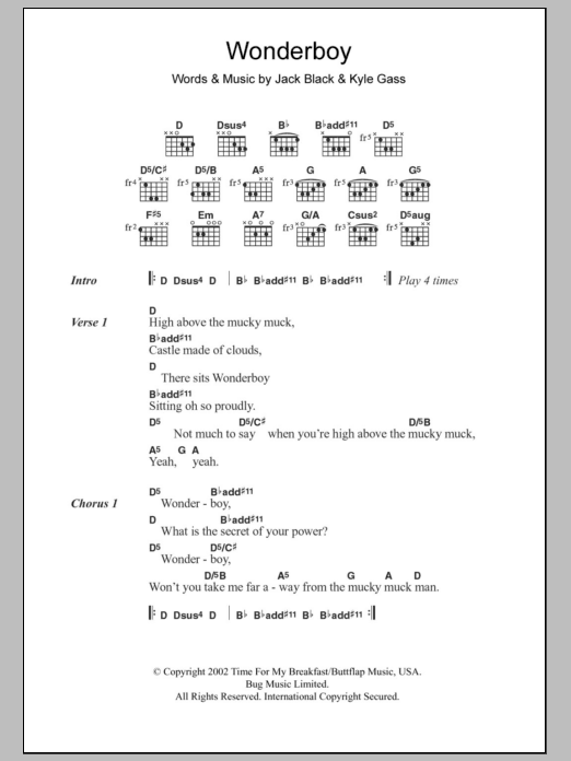 Tenacious D Wonderboy sheet music notes and chords. Download Printable PDF.