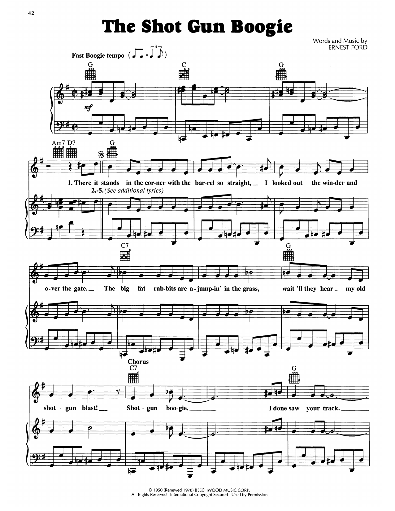 Learn to play Tennessee Ernie Ford Shot Gun Boogie sheet music for Piano, Vocal & Guitar Chords (Right-Hand Melody) in minutes. Price: 7.8900$ Tennessee Ernie Ford Shot Gun Boogie sheet music notes and chords arranged for Piano, Vocal & Guitar Chords (Right-Hand Melody)