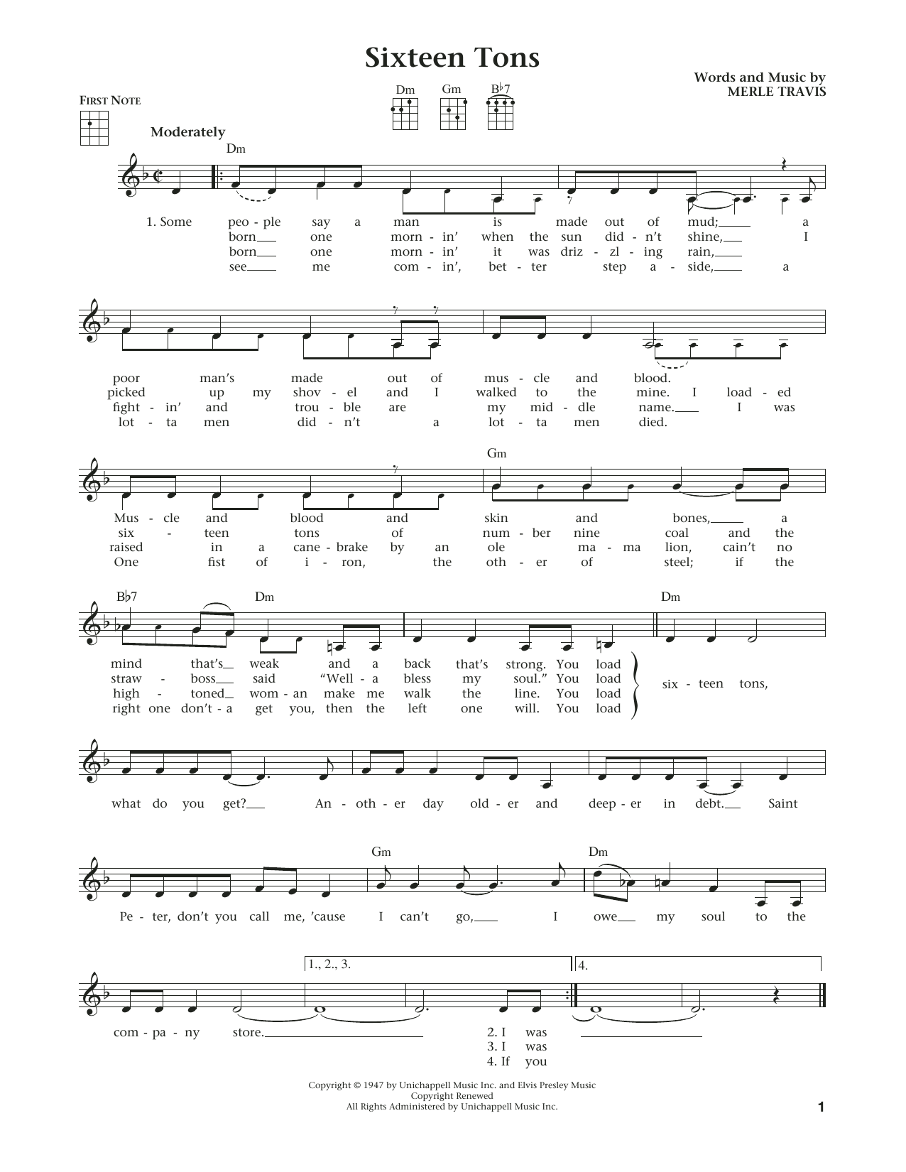 Learn to play Tennessee Ernie Ford Sixteen Tons (from The Daily Ukulele) (arr. Liz and Jim Beloff) sheet music for Ukulele in minutes. Price: 5.9900$ Tennessee Ernie Ford Sixteen Tons (from The Daily Ukulele) (arr. Liz and Jim Beloff) sheet music notes and chords arranged for Ukulele