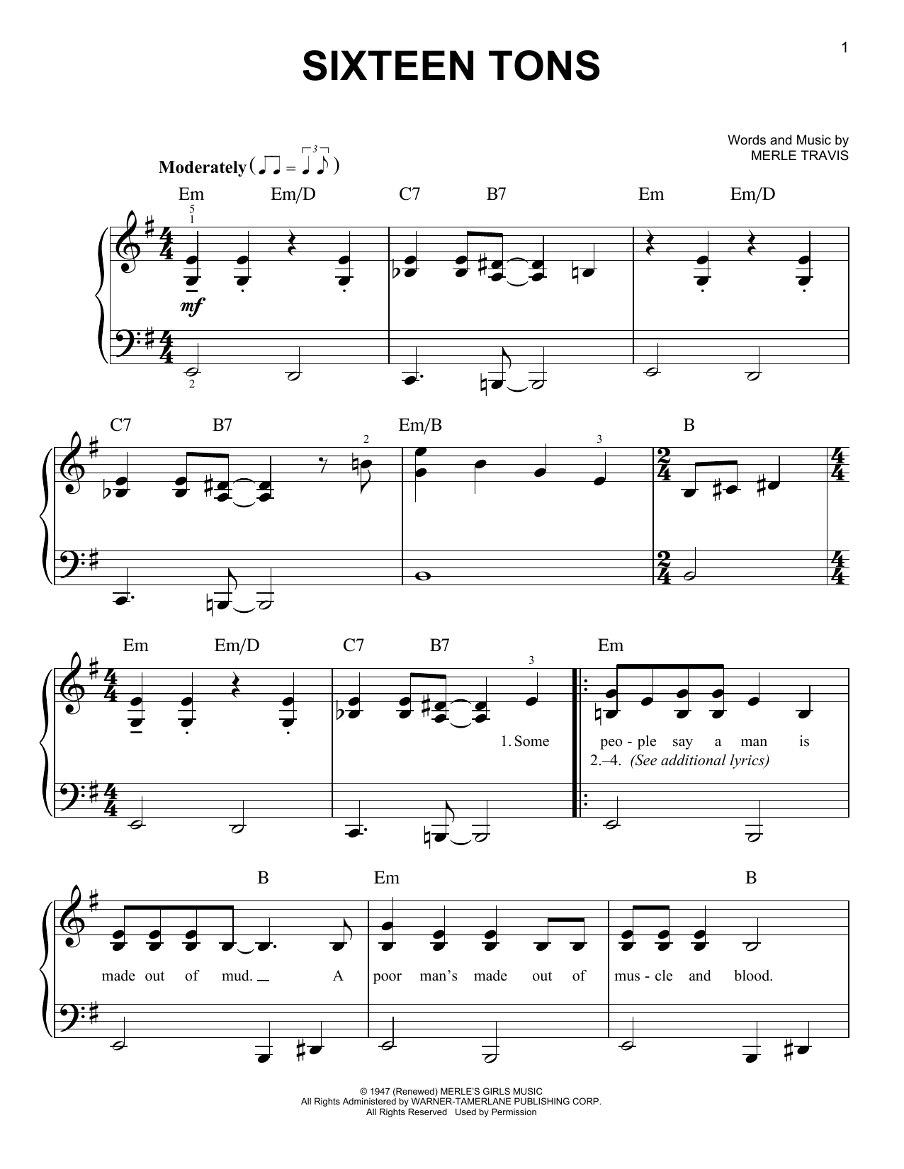 Tennessee Ernie Ford Sixteen Tons sheet music notes and chords. Download Printable PDF.