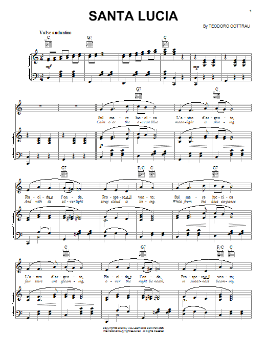 Teodoro Cottrau Santa Lucia sheet music notes and chords. Download Printable PDF.