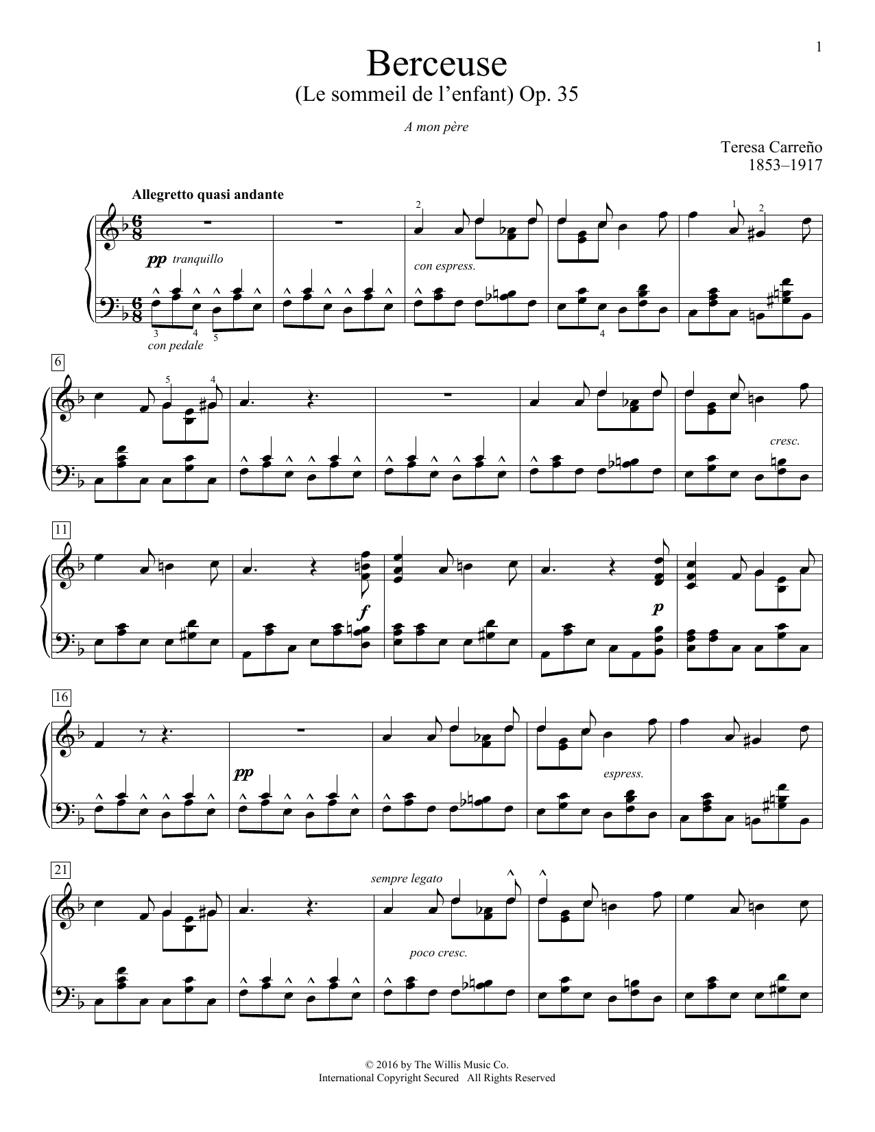 Learn to play Teresa Carreno Berceuse (Le sommeil de l'enfant), Op. 35 sheet music for Educational Piano in minutes. Price: 6.9900$ Teresa Carreno Berceuse (Le sommeil de l'enfant), Op. 35 sheet music notes and chords arranged for Educational Piano