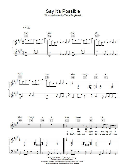 Learn to play Terra Naomi Say It's Possible sheet music for Piano, Vocal & Guitar Chords in minutes. Price: 7.8900$ Terra Naomi Say It's Possible sheet music notes and chords arranged for Piano, Vocal & Guitar Chords
