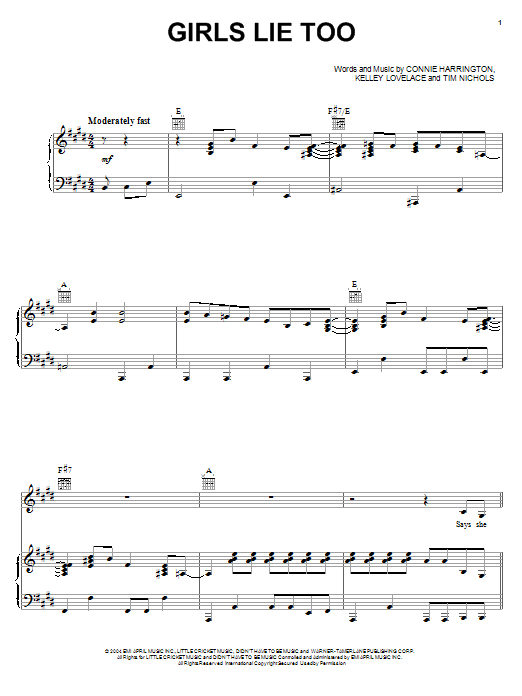 Learn to play Terri Clark Girls Lie Too sheet music for Piano, Vocal & Guitar Chords (Right-Hand Melody) in minutes. Price: 7.8900$ Terri Clark Girls Lie Too sheet music notes and chords arranged for Piano, Vocal & Guitar Chords (Right-Hand Melody)