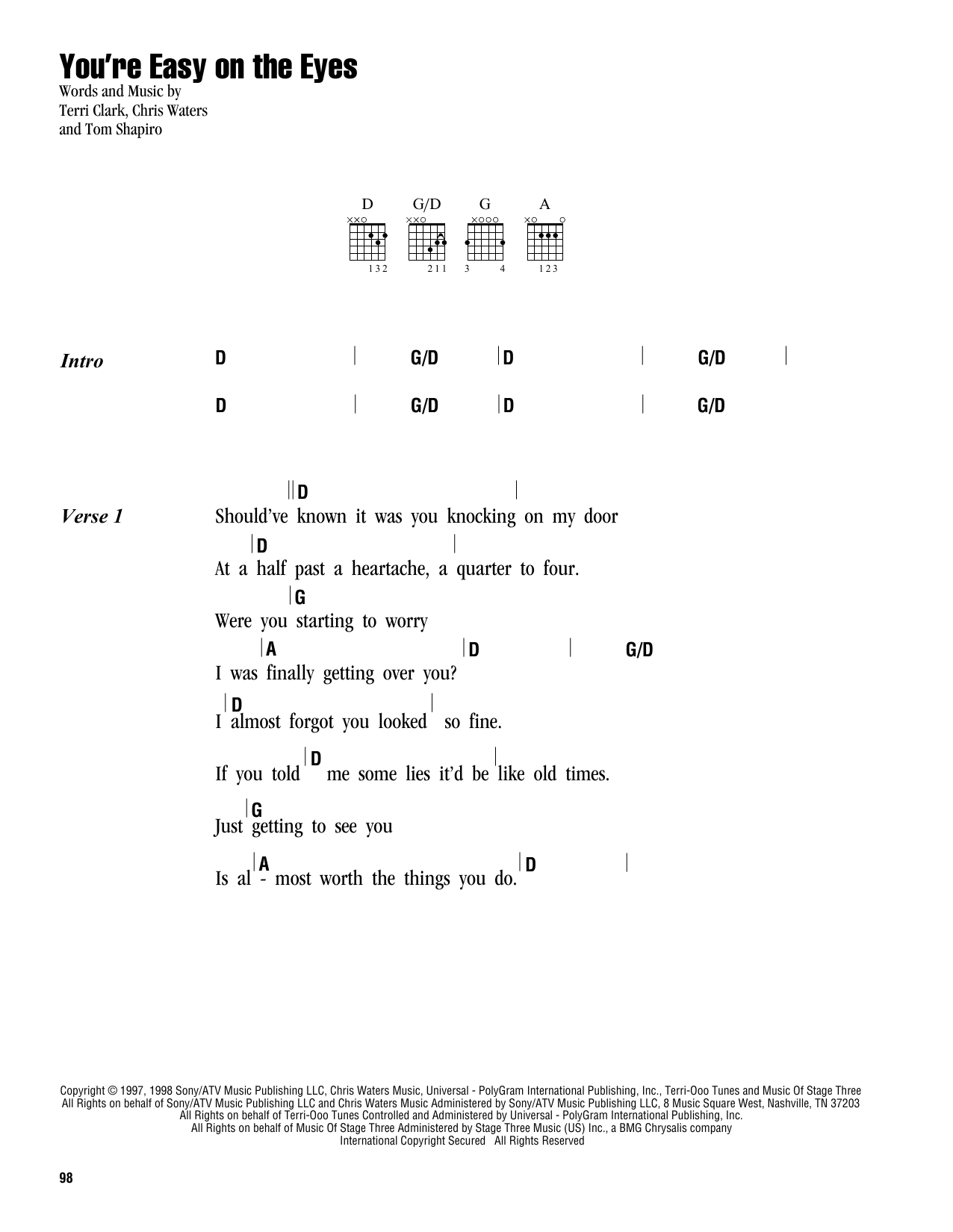 Learn to play Terri Clark You're Easy On The Eyes sheet music for Piano, Vocal & Guitar Chords (Right-Hand Melody) in minutes. Price: 7.8900$ Terri Clark You're Easy On The Eyes sheet music notes and chords arranged for Piano, Vocal & Guitar Chords (Right-Hand Melody)