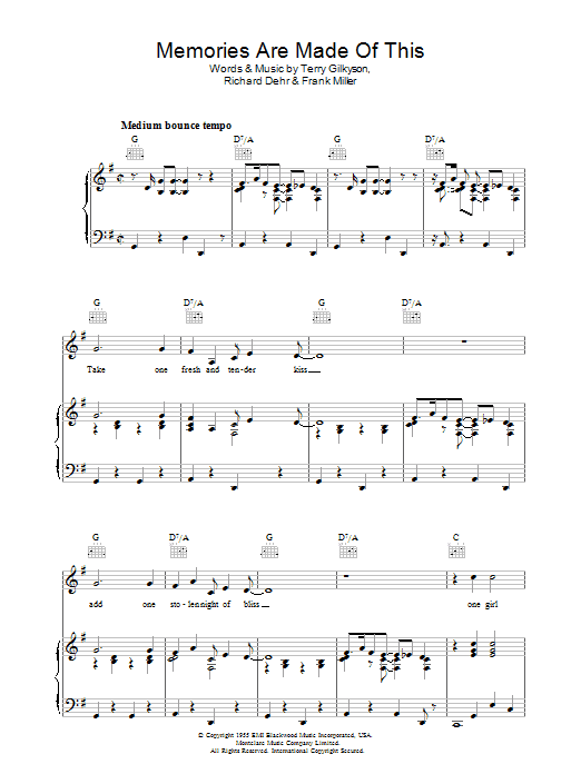 Learn to play Terry Gilkyson Memories Are Made Of This sheet music for Piano, Vocal & Guitar Chords in minutes. Price: 7.8900$ Terry Gilkyson Memories Are Made Of This sheet music notes and chords arranged for Piano, Vocal & Guitar Chords
