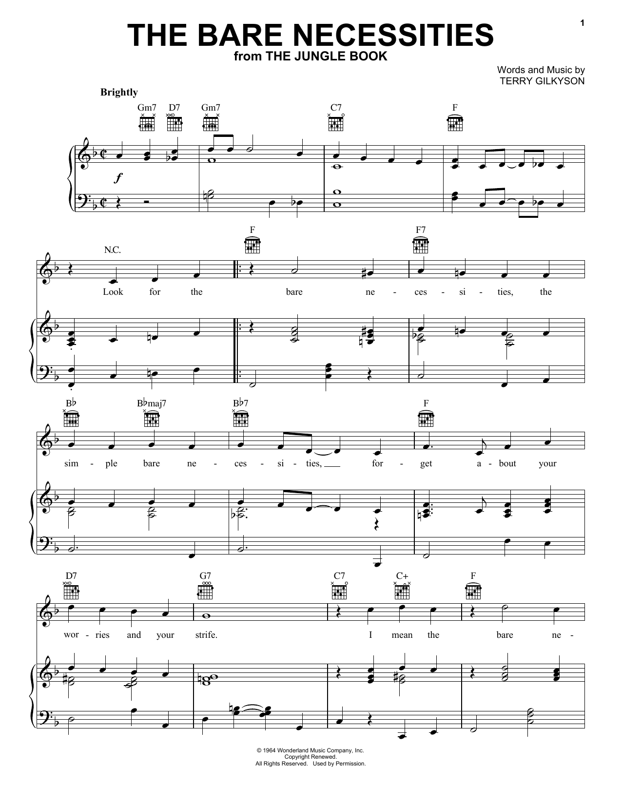 Terry Gilkyson The Bare Necessities sheet music notes and chords. Download Printable PDF.