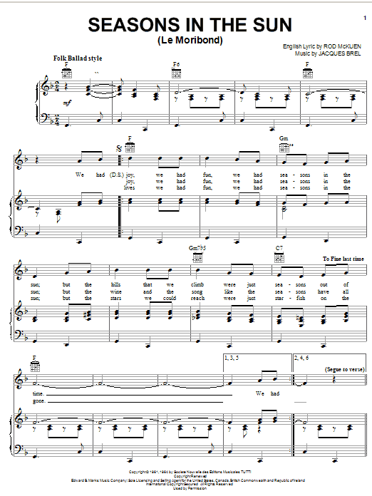 Terry Jacks Seasons In The Sun (Le Moribond) sheet music notes and chords. Download Printable PDF.