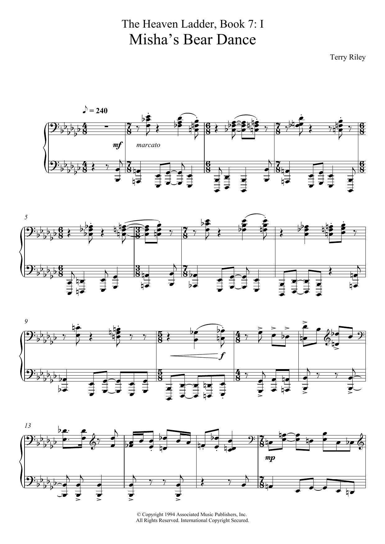 Learn to play Terry Riley Misha's Bear Dance (No.1 From The Heaven Ladder Book 7) sheet music for Piano Solo in minutes. Price: 7.8900$ Terry Riley Misha's Bear Dance (No.1 From The Heaven Ladder Book 7) sheet music notes and chords arranged for Piano Solo