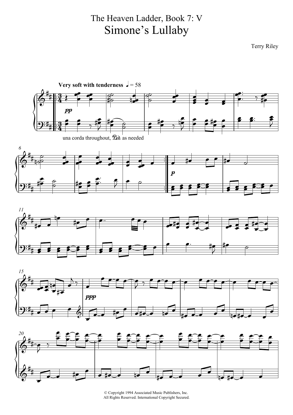 Learn to play Terry Riley Simone's Lullaby (No.5 From The Heaven Ladder Book 7) sheet music for Piano Solo in minutes. Price: 7.8900$ Terry Riley Simone's Lullaby (No.5 From The Heaven Ladder Book 7) sheet music notes and chords arranged for Piano Solo