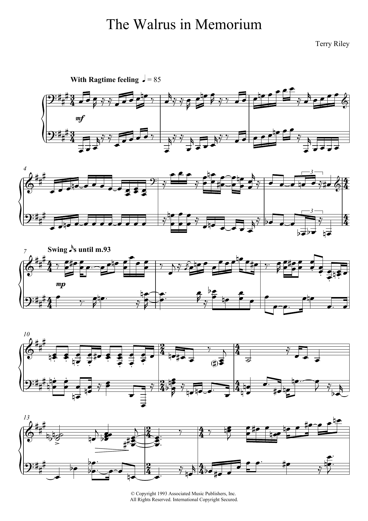 Learn to play Terry Riley The Walrus In Memoriam sheet music for Piano Solo in minutes. Price: 7.8900$ Terry Riley The Walrus In Memoriam sheet music notes and chords arranged for Piano Solo