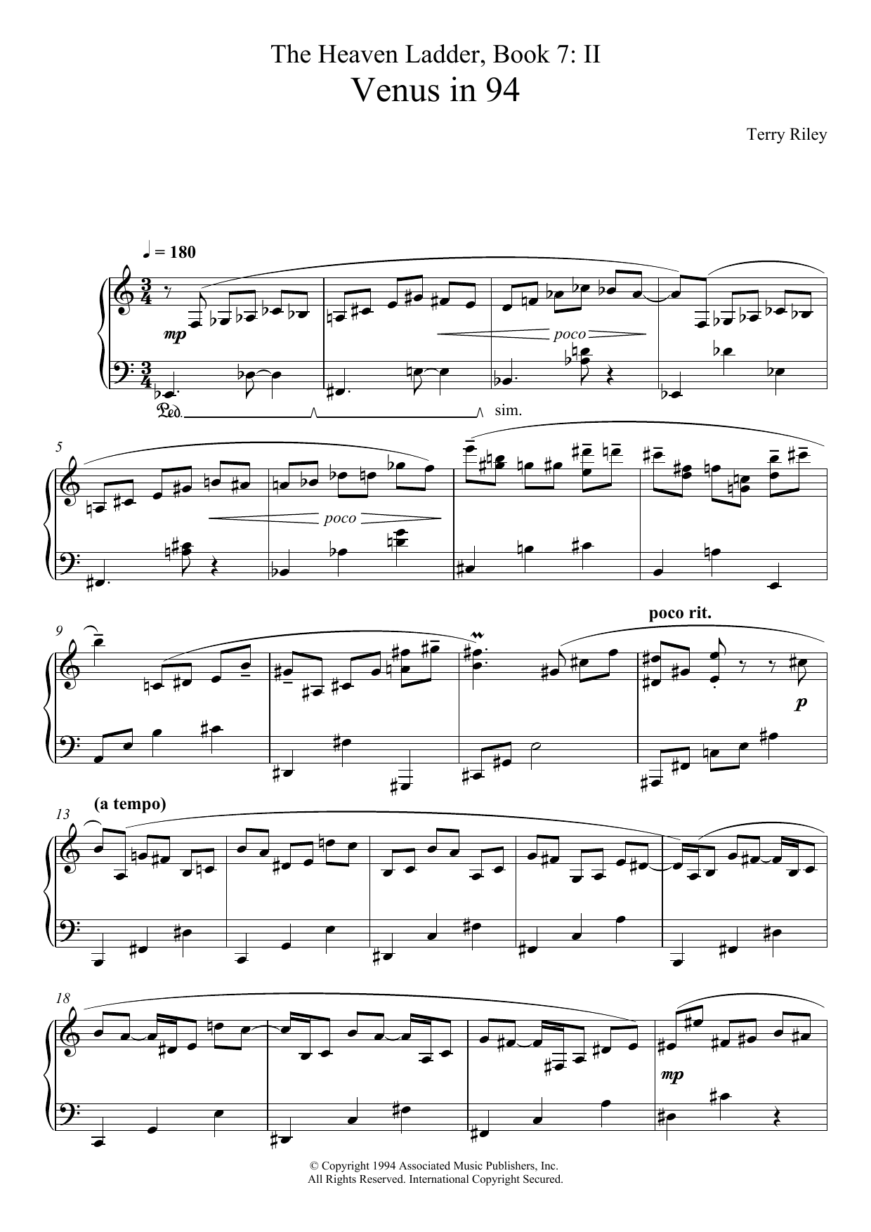 Learn to play Terry Riley Venus In 94 (No.2 From The Heaven Ladder Book 7) sheet music for Piano Solo in minutes. Price: 7.8900$ Terry Riley Venus In 94 (No.2 From The Heaven Ladder Book 7) sheet music notes and chords arranged for Piano Solo
