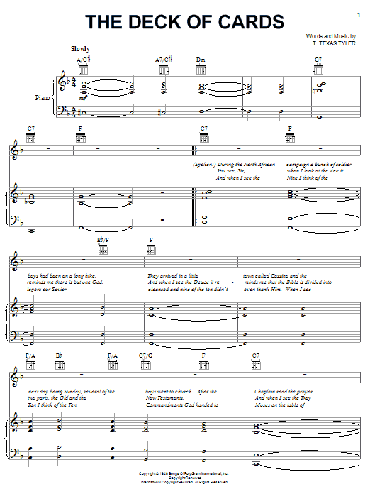 Learn to play Tex Ritter The Deck Of Cards sheet music for Piano, Vocal & Guitar Chords (Right-Hand Melody) in minutes. Price: 7.8900$ Tex Ritter The Deck Of Cards sheet music notes and chords arranged for Piano, Vocal & Guitar Chords (Right-Hand Melody)