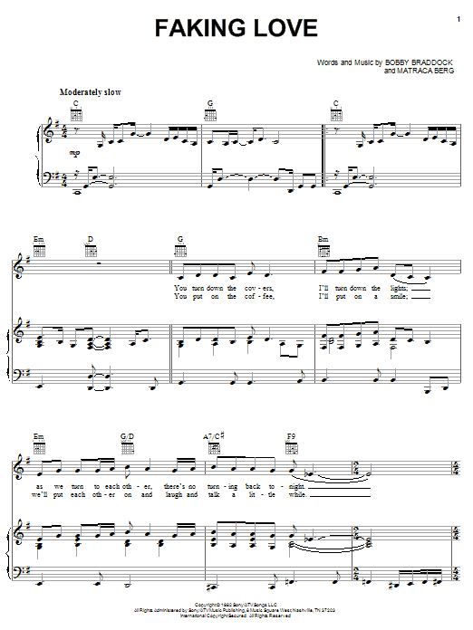 Learn to play T.G. Sheppard Faking Love sheet music for Piano, Vocal & Guitar Chords (Right-Hand Melody) in minutes. Price: 7.8900$ T.G. Sheppard Faking Love sheet music notes and chords arranged for Piano, Vocal & Guitar Chords (Right-Hand Melody)