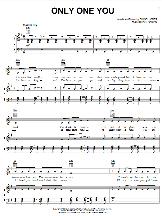 Learn to play T.G. Sheppard Only One You sheet music for Piano, Vocal & Guitar Chords (Right-Hand Melody) in minutes. Price: 7.8900$ T.G. Sheppard Only One You sheet music notes and chords arranged for Piano, Vocal & Guitar Chords (Right-Hand Melody)