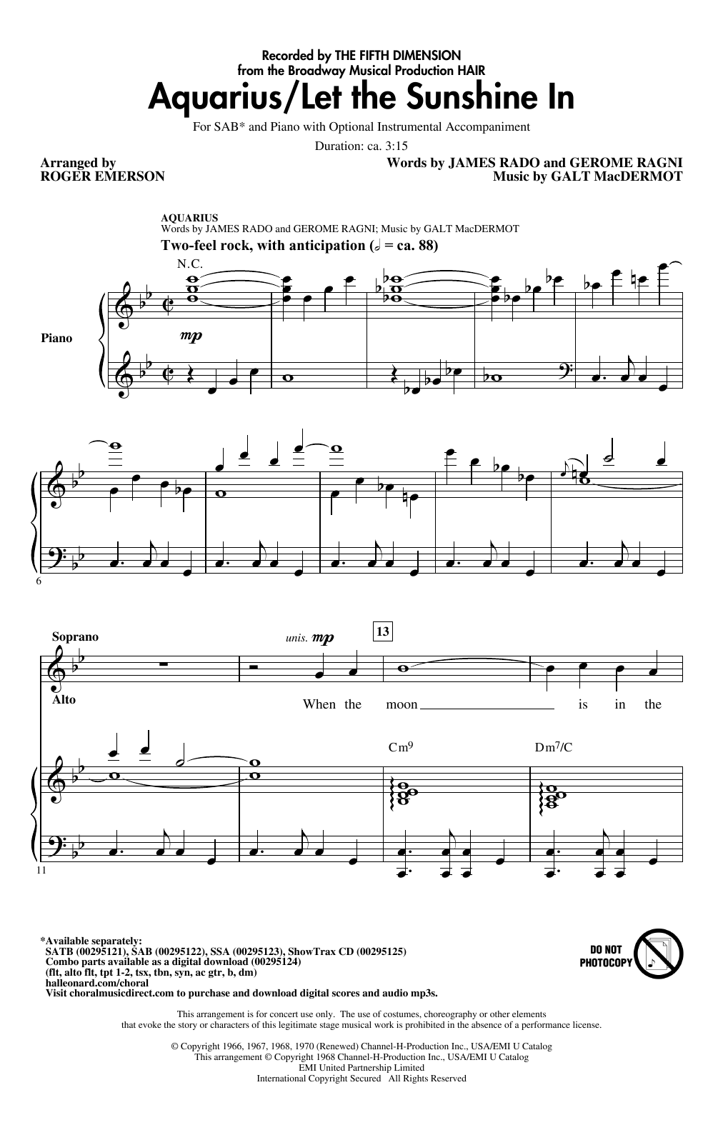 The 5th Dimension Aquarius / Let the Sunshine In (from the musical Hair) (arr. Roger Emerson) sheet music notes and chords. Download Printable PDF.