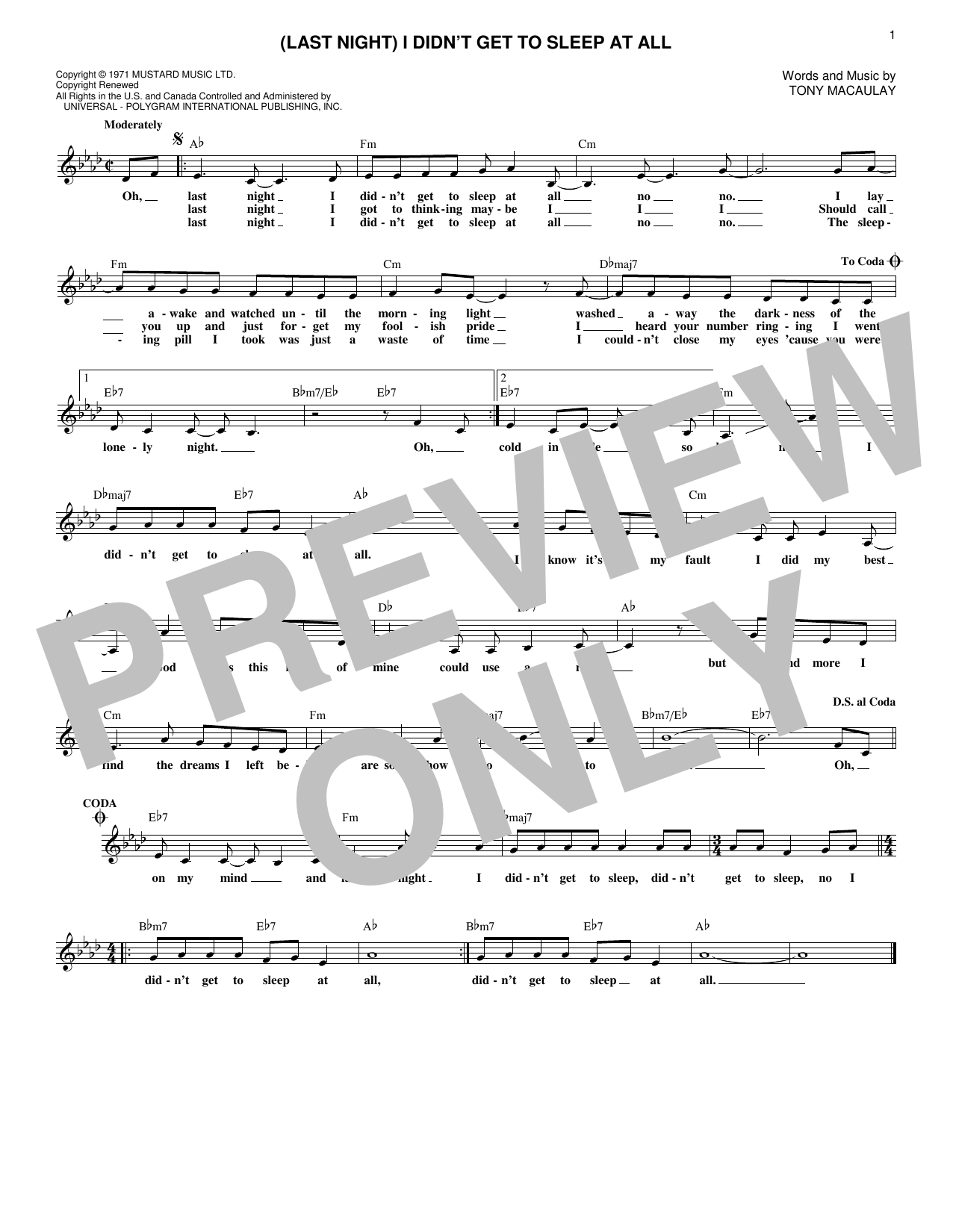 Tony Macaulay (Last Night) I Didn't Get To Sleep At All sheet music notes and chords. Download Printable PDF.