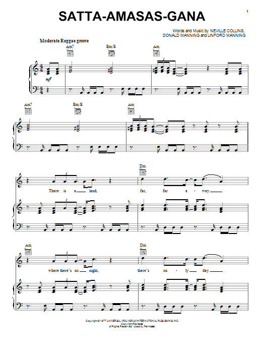 The Abyssinians Satta Massagana sheet music notes and chords arranged for Piano, Vocal & Guitar Chords (Right-Hand Melody)