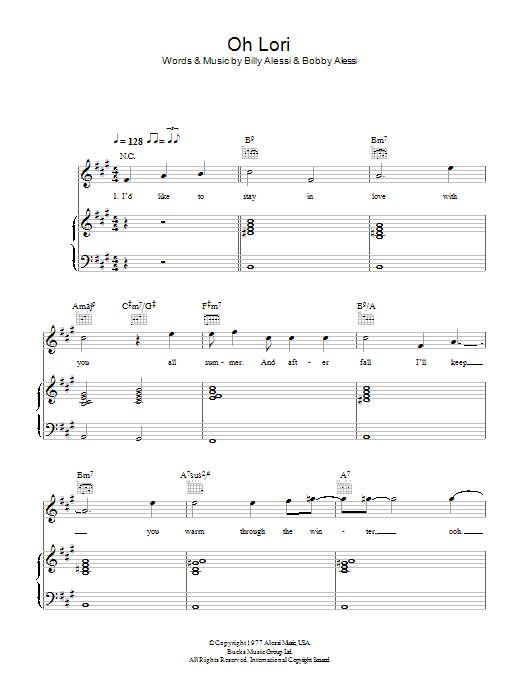 The Alessi Brothers Oh Lori sheet music notes and chords. Download Printable PDF.