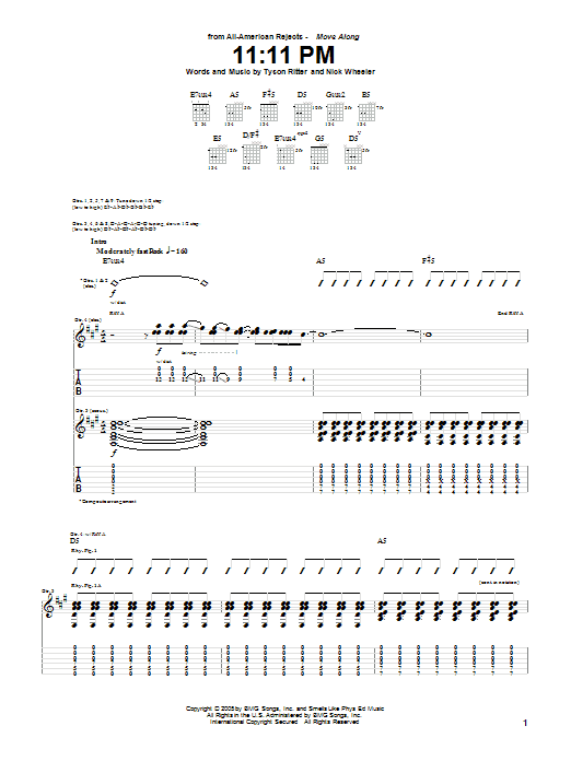 Learn to play The All-American Rejects 11:11 PM sheet music for Guitar Tab in minutes. Price: 7.8900$ The All-American Rejects 11:11 PM sheet music notes and chords arranged for Guitar Tab
