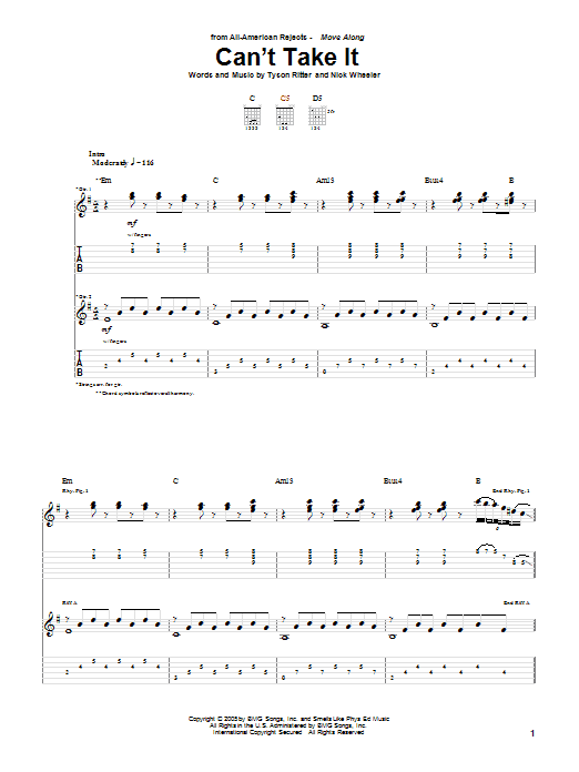 Learn to play The All-American Rejects Can't Take It sheet music for Guitar Tab in minutes. Price: 7.8900$ The All-American Rejects Can't Take It sheet music notes and chords arranged for Guitar Tab