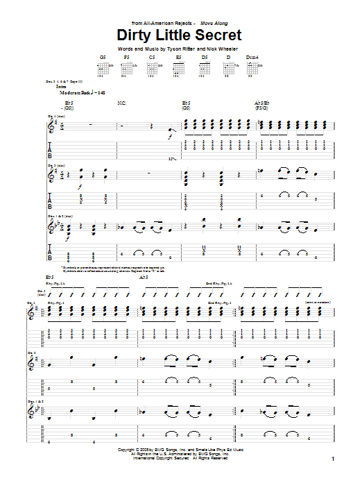 The All-American Rejects Dirty Little Secret sheet music notes and chords. Download Printable PDF.