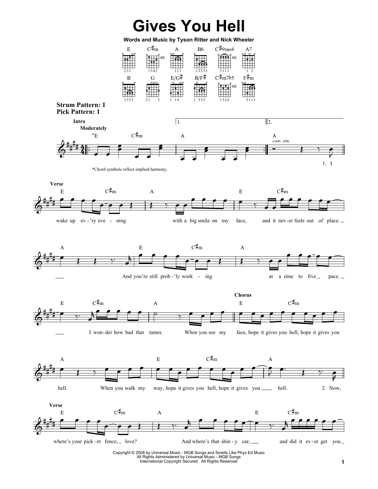 The All-American Rejects Gives You Hell sheet music notes and chords. Download Printable PDF.