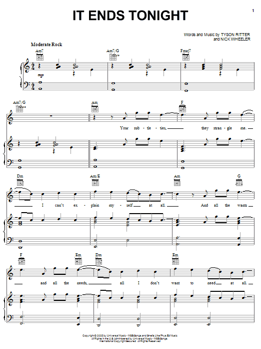 The All-American Rejects It Ends Tonight sheet music notes and chords. Download Printable PDF.