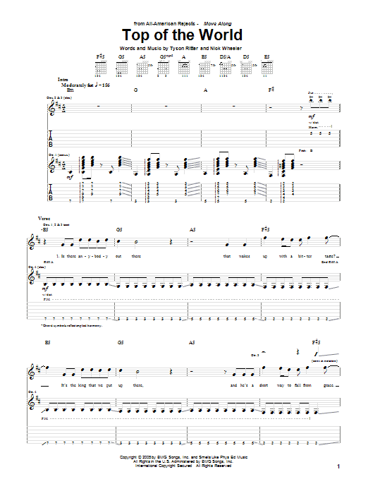 Learn to play The All-American Rejects Top Of The World sheet music for Guitar Tab in minutes. Price: 7.8900$ The All-American Rejects Top Of The World sheet music notes and chords arranged for Guitar Tab