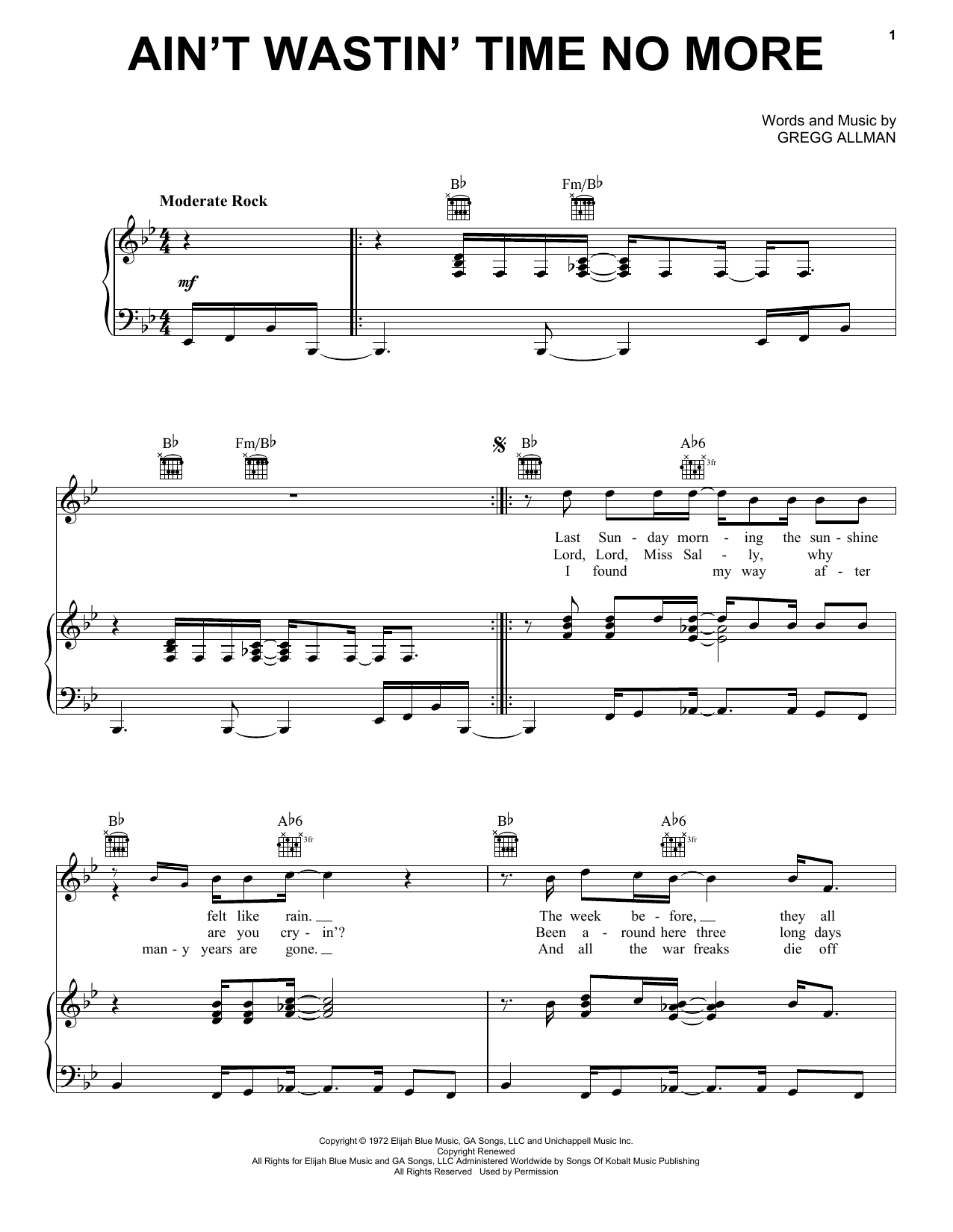 The Allman Brothers Band Ain't Wastin' Time No More sheet music notes and chords. Download Printable PDF.