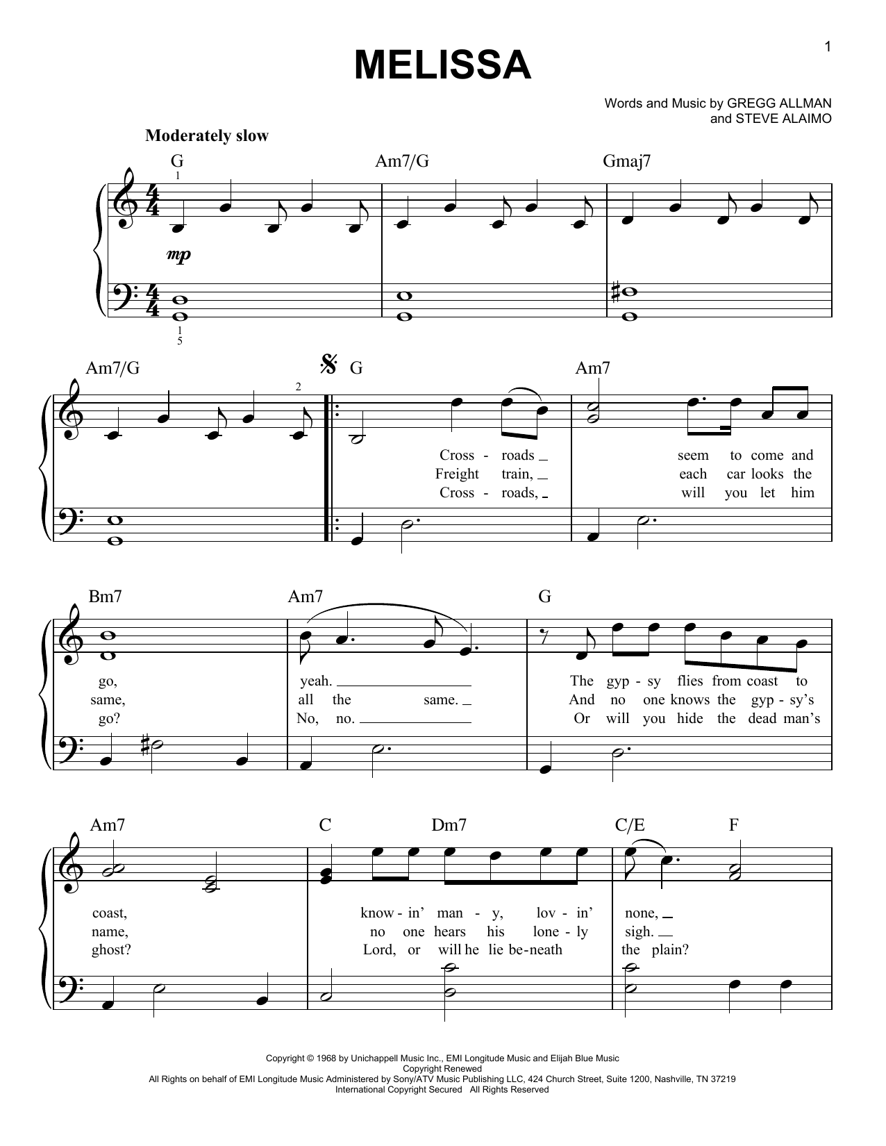 The Allman Brothers Band Melissa sheet music notes and chords. Download Printable PDF.