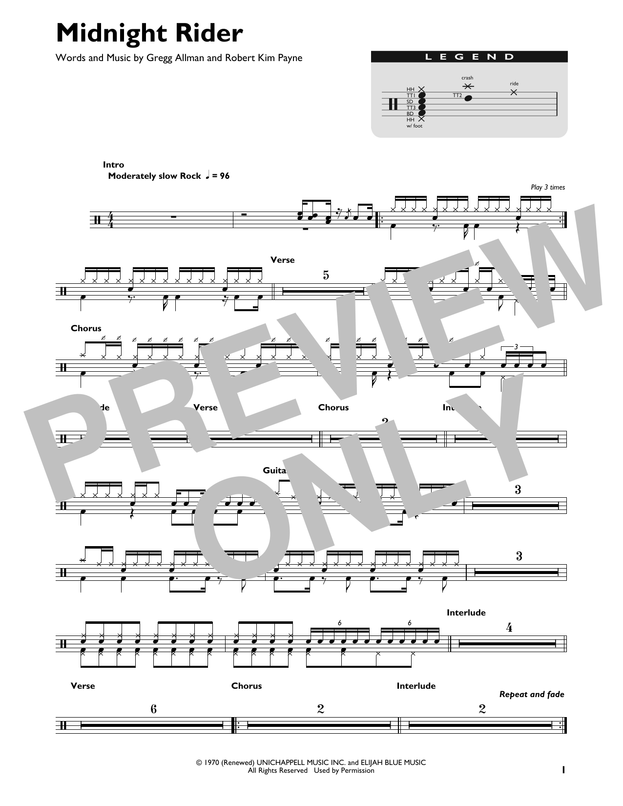 The Allman Brothers Band Midnight Rider sheet music notes and chords. Download Printable PDF.