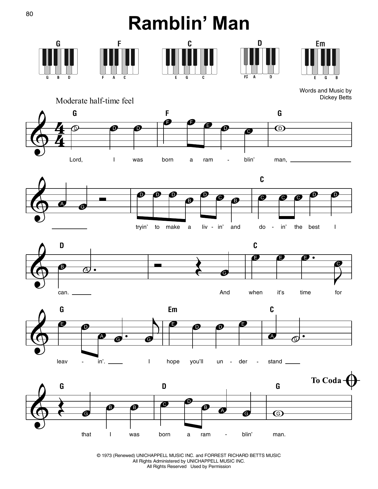 The Allman Brothers Band Ramblin' Man sheet music notes and chords. Download Printable PDF.