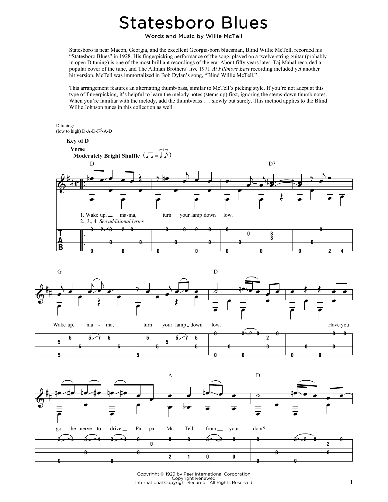 The Allman Brothers Band Statesboro Blues sheet music notes and chords. Download Printable PDF.