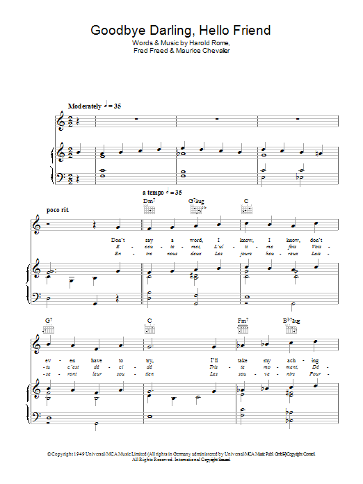 Learn to play The Andrews Sisters Goodbye Darling, Hello Friend sheet music for Piano, Vocal & Guitar Chords in minutes. Price: 7.8900$ The Andrews Sisters Goodbye Darling, Hello Friend sheet music notes and chords arranged for Piano, Vocal & Guitar Chords