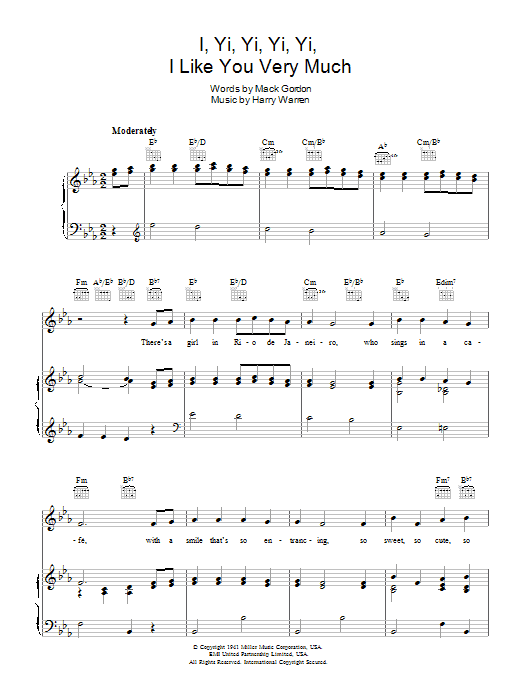 Learn to play The Andrews Sisters I Yi, Yi, Yi, Yi (Like You Very Much) sheet music for Piano, Vocal & Guitar Chords in minutes. Price: 7.8900$ The Andrews Sisters I Yi, Yi, Yi, Yi (Like You Very Much) sheet music notes and chords arranged for Piano, Vocal & Guitar Chords