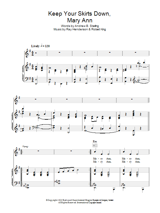 Learn to play The Andrews Sisters Keep Your Skirts Down Mary Anne sheet music for Piano, Vocal & Guitar Chords in minutes. Price: 7.8900$ The Andrews Sisters Keep Your Skirts Down Mary Anne sheet music notes and chords arranged for Piano, Vocal & Guitar Chords