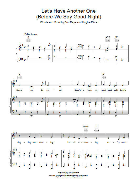 Learn to play The Andrews Sisters Let's Have Another One sheet music for Piano, Vocal & Guitar Chords in minutes. Price: 7.8900$ The Andrews Sisters Let's Have Another One sheet music notes and chords arranged for Piano, Vocal & Guitar Chords
