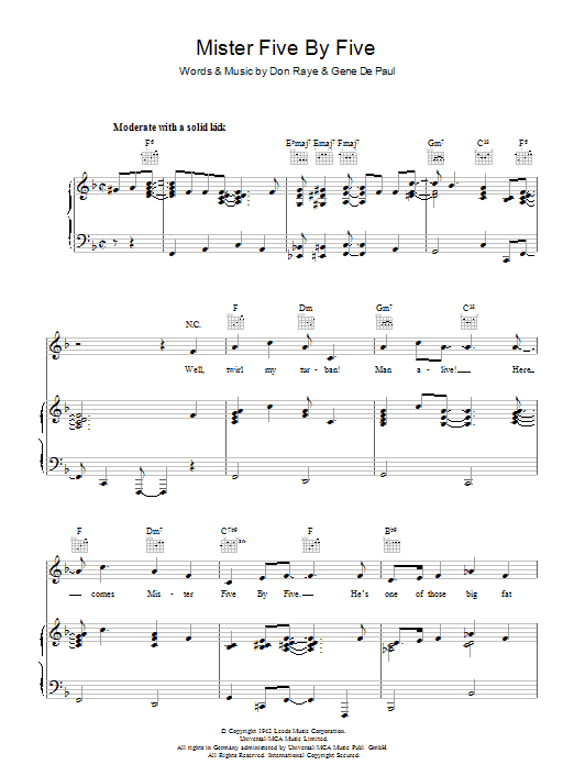 The Andrews Sisters Mister Five By Five sheet music notes and chords arranged for Piano, Vocal & Guitar Chords
