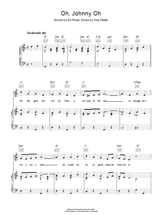 Learn to play The Andrews Sisters Oh, Johnny Oh sheet music for Piano, Vocal & Guitar Chords in minutes. Price: 7.8900$ The Andrews Sisters Oh, Johnny Oh sheet music notes and chords arranged for Piano, Vocal & Guitar Chords