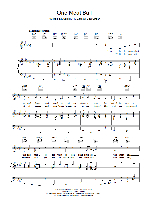 The Andrews Sisters One Meat Ball sheet music notes and chords arranged for Piano, Vocal & Guitar Chords