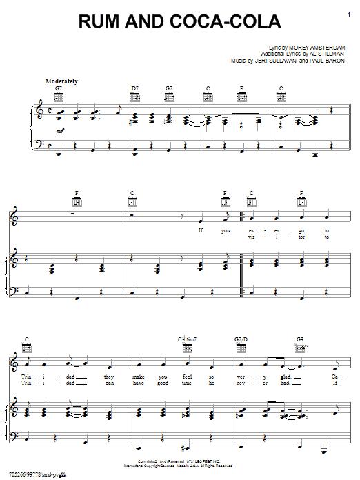 Learn to play The Andrews Sisters Rum And Coca-Cola sheet music for Real Book – Melody & Chords in minutes. Price: 5.9900$ The Andrews Sisters Rum And Coca-Cola sheet music notes and chords arranged for Real Book – Melody & Chords