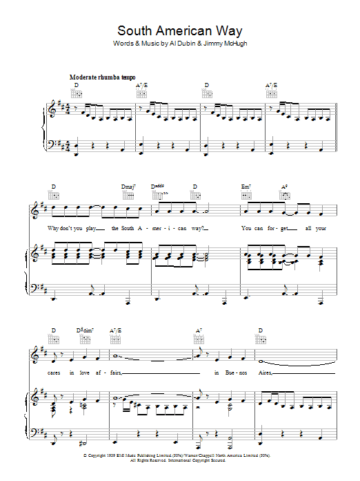 Learn to play The Andrews Sisters South American Way sheet music for Piano, Vocal & Guitar Chords in minutes. Price: 7.8900$ The Andrews Sisters South American Way sheet music notes and chords arranged for Piano, Vocal & Guitar Chords