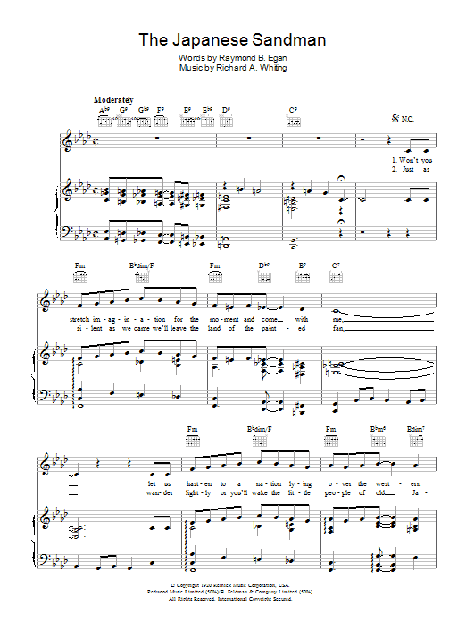 Learn to play The Andrews Sisters The Japanese Sandman sheet music for Piano, Vocal & Guitar Chords in minutes. Price: 7.8900$ The Andrews Sisters The Japanese Sandman sheet music notes and chords arranged for Piano, Vocal & Guitar Chords