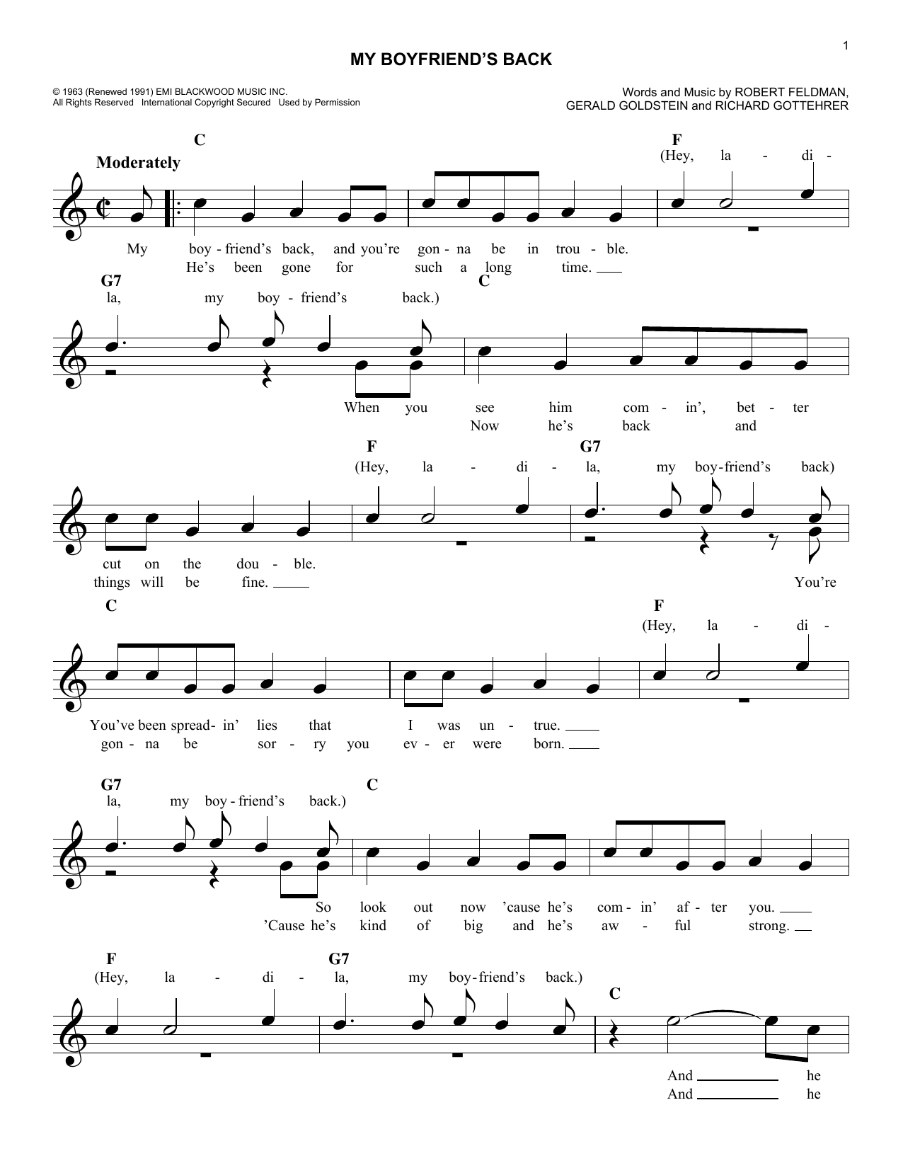 The Angels My Boyfriend's Back sheet music notes and chords arranged for Easy Lead Sheet / Fake Book