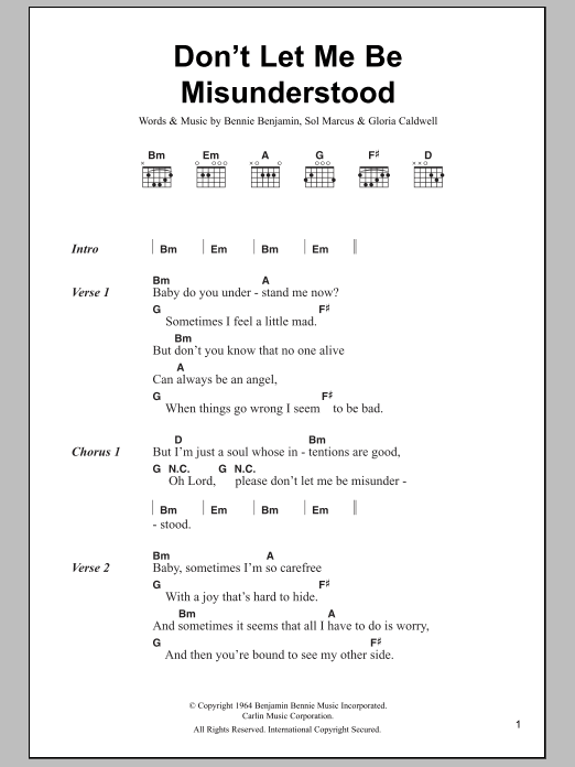 The Animals Don't Let Me Be Misunderstood sheet music notes and chords. Download Printable PDF.