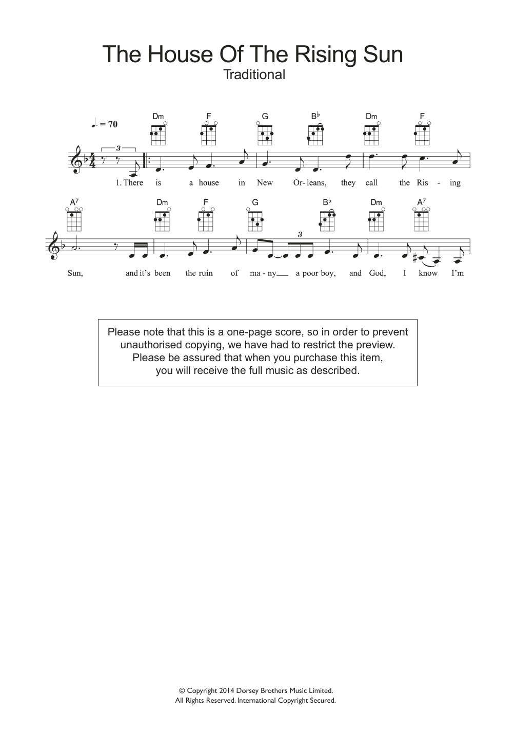 Learn to play The Animals House Of The Rising Sun sheet music for Ukulele in minutes. Price: 5.9900$ The Animals House Of The Rising Sun sheet music notes and chords arranged for Ukulele