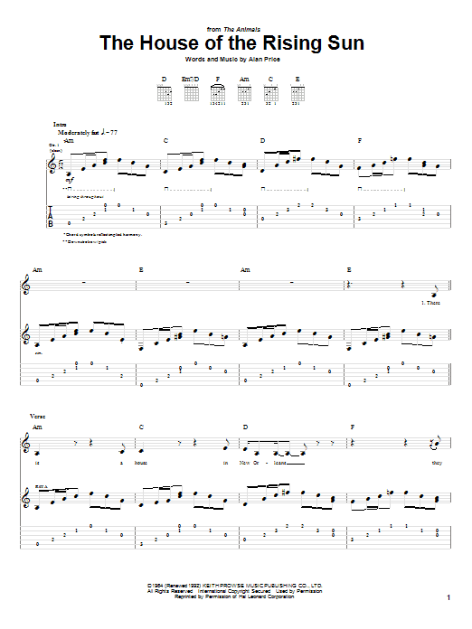 The Animals The House Of The Rising Sun sheet music notes and chords. Download Printable PDF.