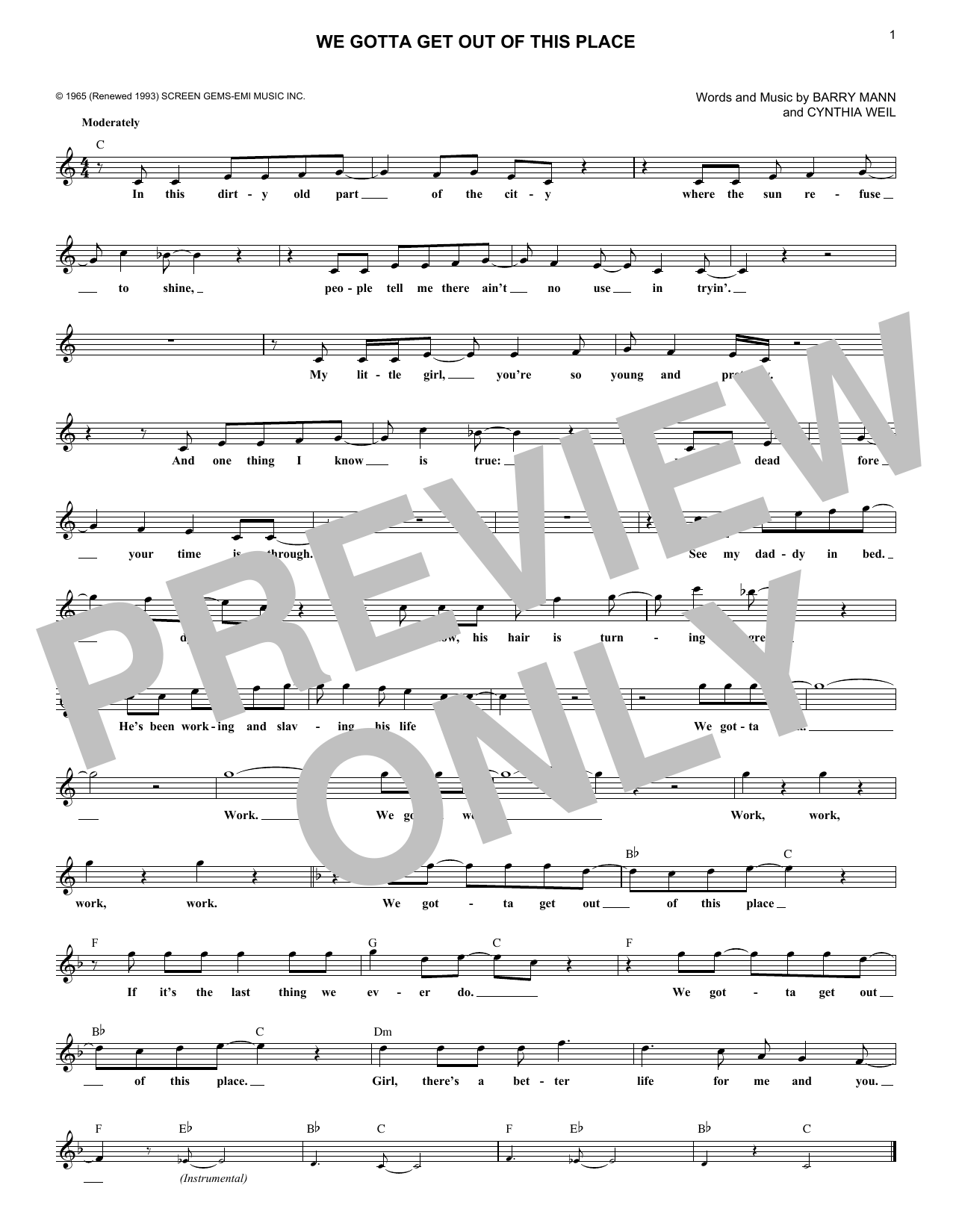 The Animals We Gotta Get Out Of This Place sheet music notes and chords. Download Printable PDF.