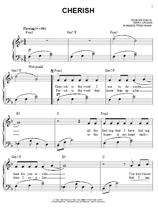 Learn to play The Association Cherish (arr. Phillip Keveren) sheet music for Easy Piano in minutes. Price: 6.9900$ The Association Cherish (arr. Phillip Keveren) sheet music notes and chords arranged for Easy Piano